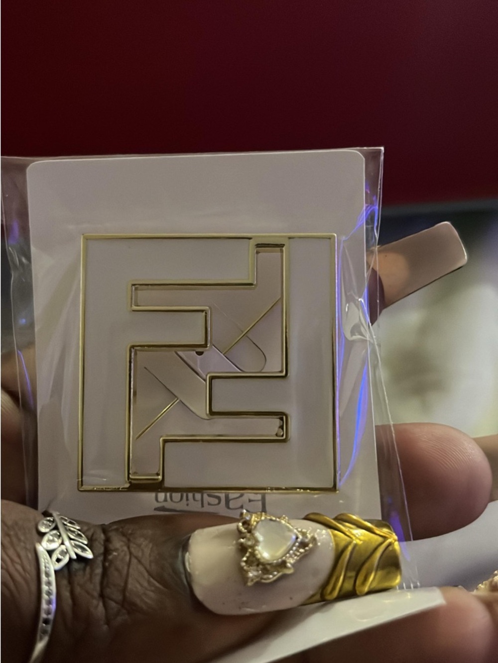 Fendi White and Gold Enamel FF Logo Brooch